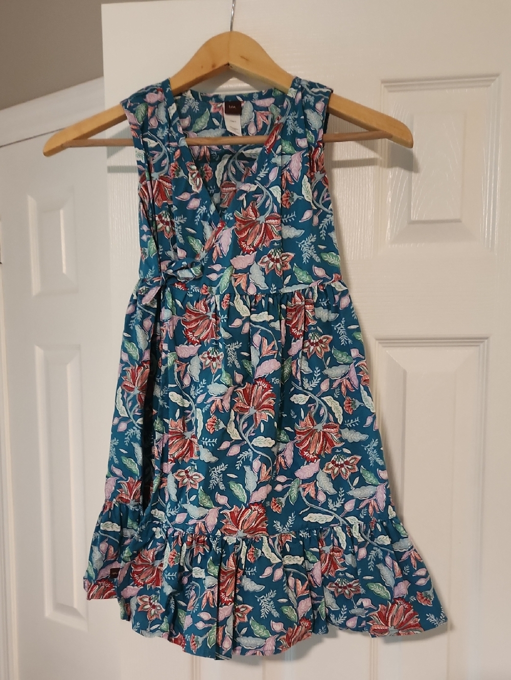 Tea Collection Teal Floral Sleeveless Ruffle-Hem Wrap Dress